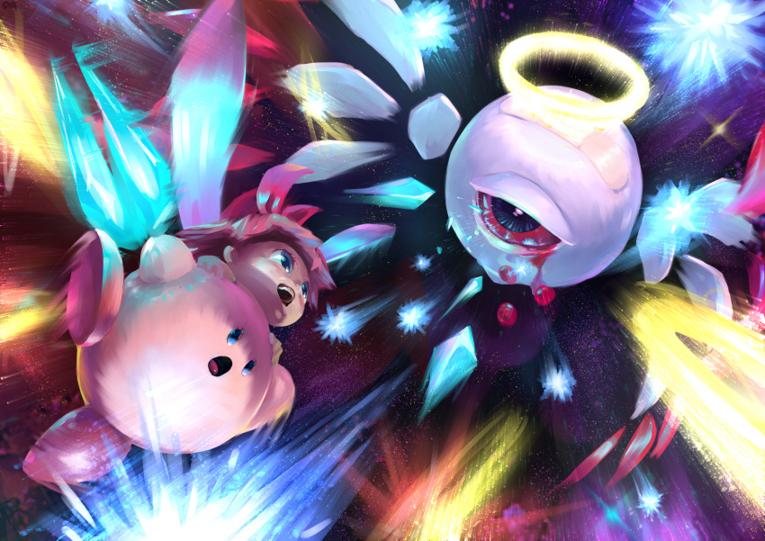 :o absurdres adeleine angel_wings blood bloody_tears blue_eyes eye_contact halo highres huge_filesize kirby kirby's_dream_land kirby_(series) looking_at_another multiple_wings nintendo one-eyed red_eyes seraph tenshinhannnn white_skin wings zero_two_(kirby)