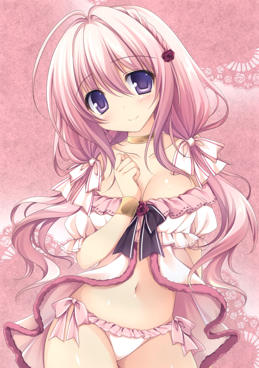 1girl absurdres bangs blush bow bracelet braid breasts cleavage closed_mouth collar collarbone eyebrows_visible_through_hair frills hair_bow hair_ornament hand_up head_tilt highres jewelry long_hair looking_at_viewer medium_breasts nanaroba_hana navel original panties pink_hair puffy_short_sleeves puffy_sleeves scan shiny shiny_hair shiny_skin short_sleeves simple_background solo stomach underwear violet_eyes