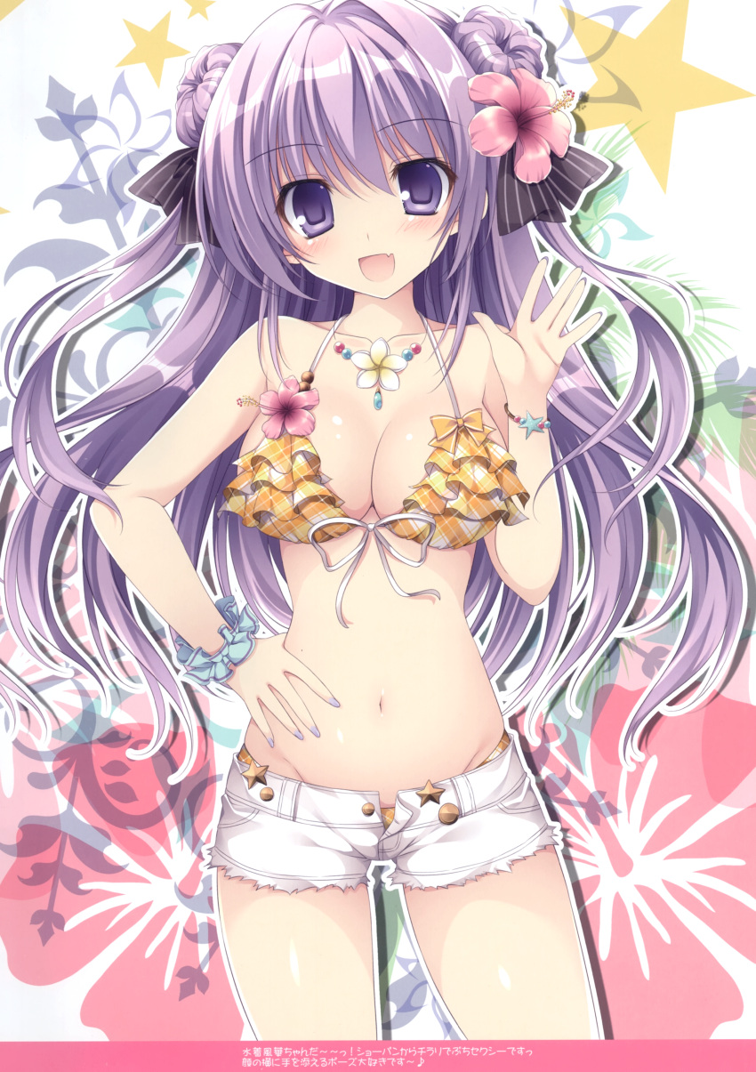 1girl absurdres bangs bare_shoulders bikini bikini_shorts blush bracelet breasts buttons cleavage collarbone eyebrows_visible_through_hair fang floral_background flower hair_ornament hand_on_hip hand_up hibiscus highres jewelry large_breasts long_hair looking_at_viewer nail_polish nanaroba_hana navel necklace open_mouth original purple_nails scan shiny shiny_hair shiny_skin short_shorts shorts smile solo stomach swimsuit unbuttoned