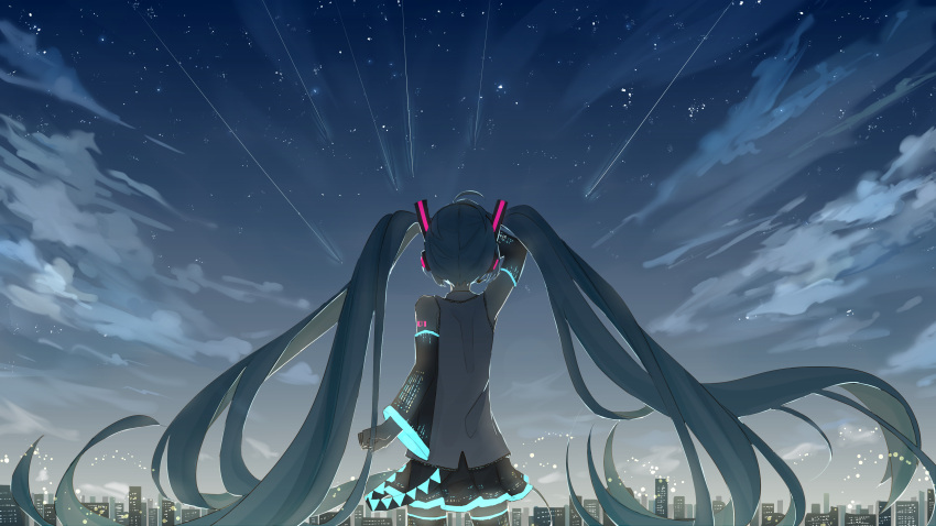 1girl absurdly_long_hair absurdres aqua_hair belt cityscape commentary cowboy_shot detached_sleeves english_commentary from_behind glowing hair_ornament hand_over_face hatsune_miku headphones highres long_hair night night_sky re_eva scenery shooting_star skirt sky solo symbol_commentary thigh-highs twintails very_long_hair vocaloid zettai_ryouiki