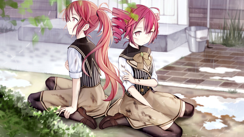 2girls absurdres back-to-back bow bowtie brick_floor bucket collared_shirt commentary_request cul dirty_clothes door double-breasted drill_hair grass hand_on_own_shoulder highres kari_kenji kasane_teto leaf long_hair mary_janes multiple_girls ponytail puddle rain red_eyes redhead shirt shoes short_hair short_sleeves sitting skirt striped_vest thigh-highs twin_drills utau vocaloid wariza