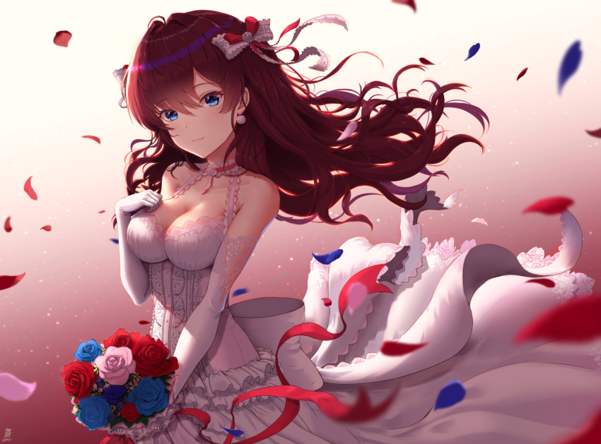 1girl :3 ahoge bangs bare_shoulders blue_eyes blue_flower blue_rose blush bouquet breasts brown_hair choker cleavage collarbone dress earrings elbow_gloves eyebrows_visible_through_hair flower flower_choker frilled_dress frills gloves gradient gradient_background hair_ribbon hand_on_own_chest hand_up highres ichinose_shiki idolmaster idolmaster_cinderella_girls idolmaster_cinderella_girls_starlight_stage jewelry lace lace-trimmed_choker lace-trimmed_dress lace_trim large_breasts lips long_hair looking_at_viewer maitake_(maitake1234) petals pom_pom_earrings red_choker red_flower red_ribbon red_rose ribbon rose simple_background smile solo wavy_hair white_dress white_flower white_gloves white_ribbon white_rose