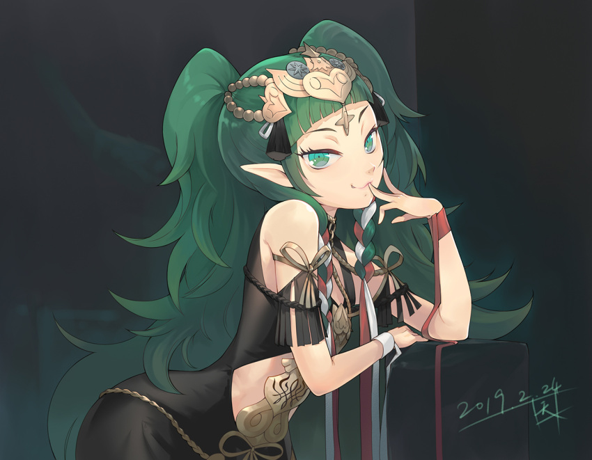 1girl 2019 :3 braid dated dress finger_to_mouth fire_emblem fire_emblem:_three_houses green_eyes green_hair hair_ornament hair_ribbon head_tilt jewelry leaning_on_object long_hair messy_hair nintendo pointy_ears ribbon shiroh46 smile solo sothis twin_braids twintails very_long_hair