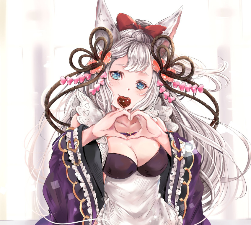 1girl animal_ears blue_eyes blush breasts chocolate chocolate_heart commentary_request erune fox_ears granblue_fantasy hair_ornament heart highres hinahino large_breasts long_hair looking_at_viewer mouth_hold silver_hair smile socie_(granblue_fantasy) solo valentine very_long_hair