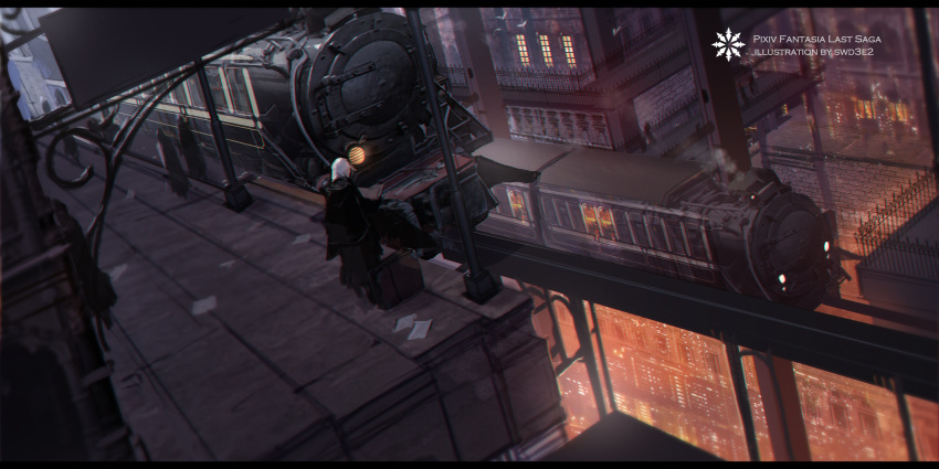 1girl artist_name black_jacket building commentary_request copyright_name dutch_angle facing_away ground_vehicle highres hood hood_down hooded_jacket jacket letterboxed locomotive pixiv_fantasia pixiv_fantasia_last_saga railing sign silhouette solo_focus standing steam steam_locomotive suitcase swd3e2 train train_station white_hair window