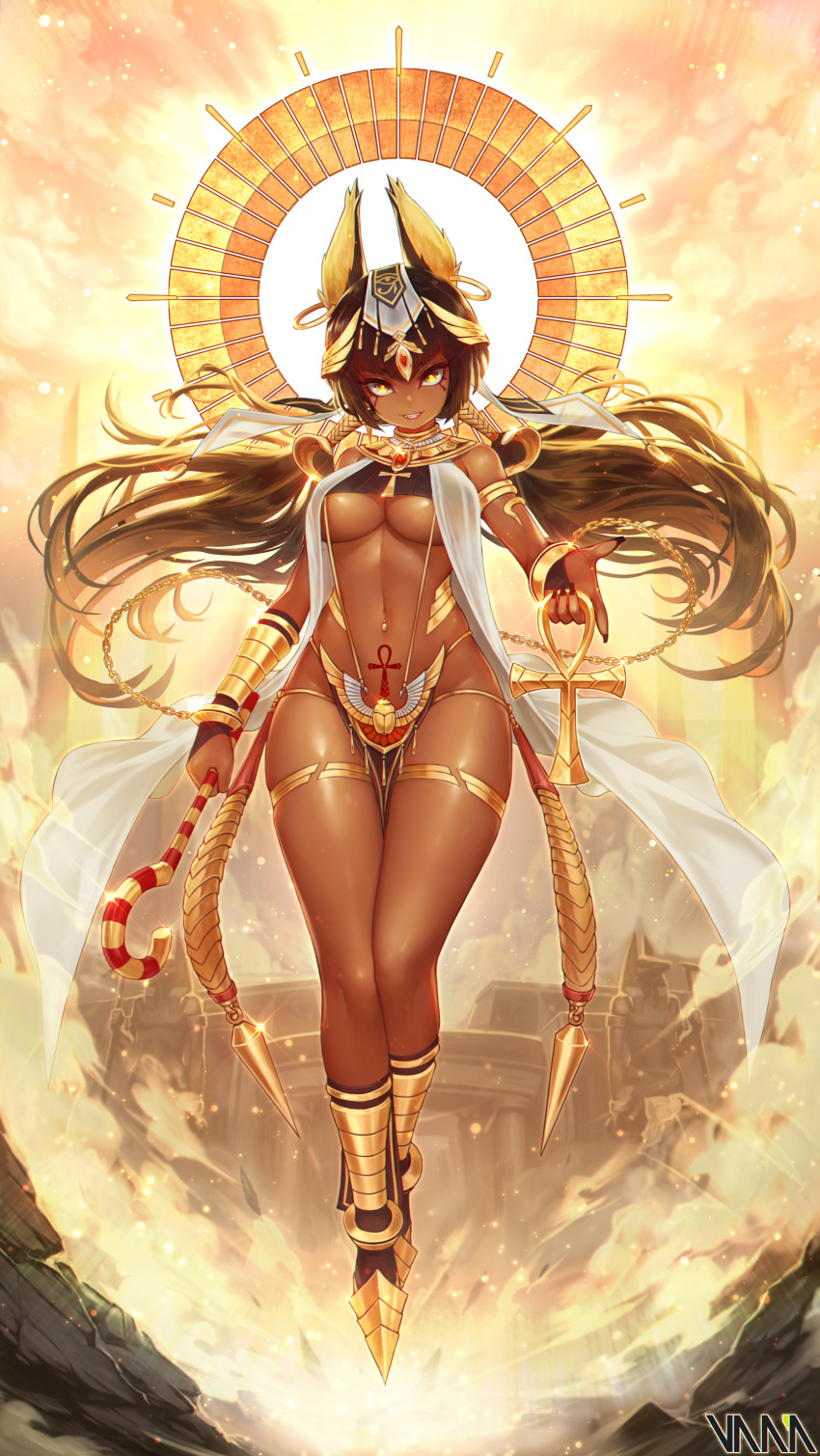 1girl absurdres anubis armlet armored_boots artist_name backlighting bangs bare_shoulders black_nails boots bracer breasts brown_hair building cane chain chains cross dark_skin earrings egyptian_clothes facial_mark fingernails floating floating_hair full_body gem glint gold gold_chain headpiece highres holding jewelry knee_boots large_breasts loincloth long_fingernails long_hair looking_at_viewer low_twintails nail_polish navel navel_piercing original outdoors outstretched_arm parted_lips piercing pubic_tattoo revealing_clothes ruby_(gemstone) smile solo statue stomach tattoo thighlet thighs twintails under_boob vana very_long_hair yellow_eyes