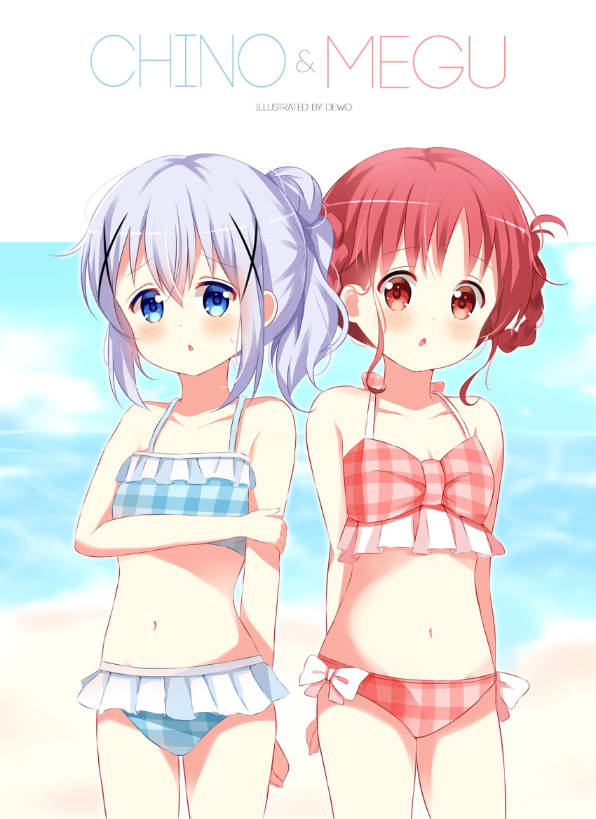 2girls arm_grab bangs beach bikini blue_bikini blue_eyes blue_hair blue_sky blurry blurry_background blush bow bow_bikini braid brown_bikini brown_eyes character_name chestnut_mouth clouds commentary day depth_of_field deyui eyebrows_visible_through_hair frilled_bikini frills gochuumon_wa_usagi_desu_ka? hair_between_eyes hair_bun hair_ornament hair_rings highres kafuu_chino multiple_girls natsu_megumi navel parted_lips plaid plaid_bow redhead sand side_bun sidelocks sky standing swimsuit twintails water x_hair_ornament