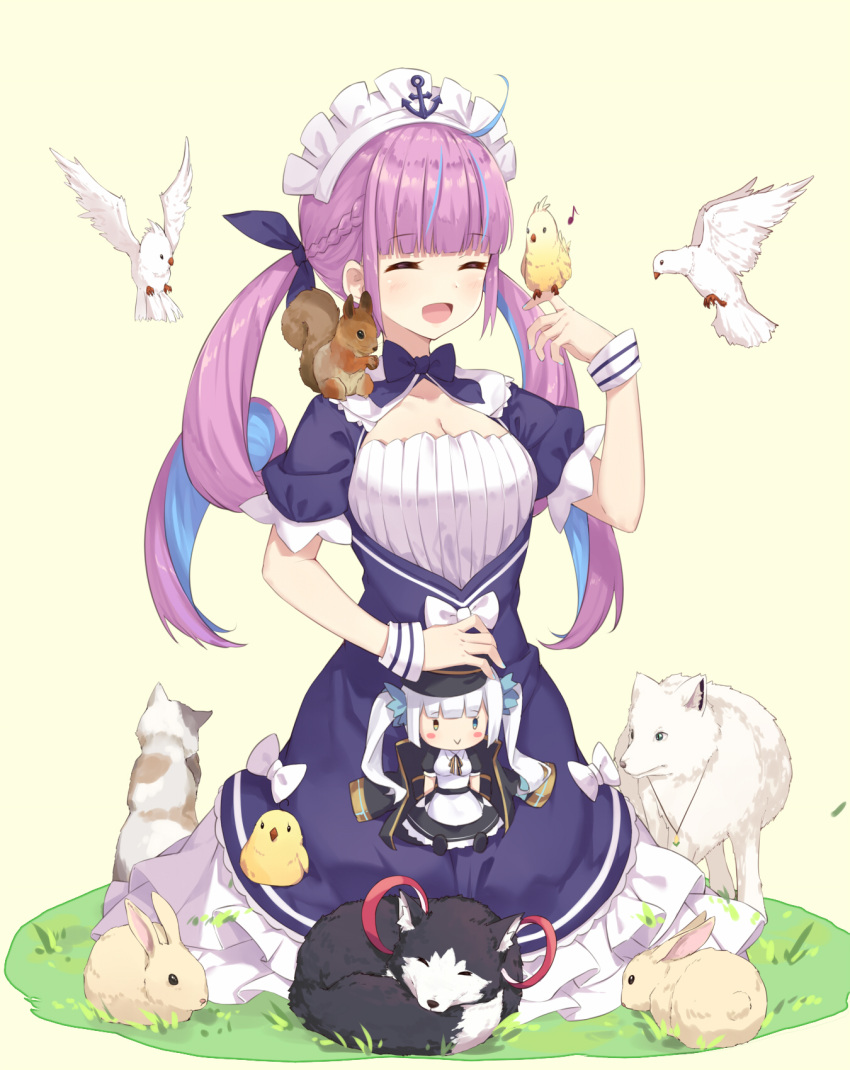 1girl :&gt; :d ^_^ anchor animal animal_ear_fluff animal_on_shoulder bangs beige_background bird bird_on_finger bird_request blue_eyes blue_hair blue_nails blunt_bangs blush blush_stickers bow braid breasts brown_eyes cat character_doll chick cleavage closed_eyes closed_eyes closed_mouth commentary_request dog dress eyebrows_visible_through_hair facing_away fingernails hair_ribbon hand_up heterochromia highres hololive kagura_mea kagura_mea_channel minato_aqua multicolored_hair nail_polish neps-l on_finger on_grass on_shoulder open_mouth pink_hair puffy_short_sleeves puffy_sleeves purple_bow purple_dress purple_ribbon rabbit ribbon short_sleeves sidelocks small_breasts smile squirrel streaked_hair twintails two-tone_hair virtual_youtuber white_bow white_hair wolf