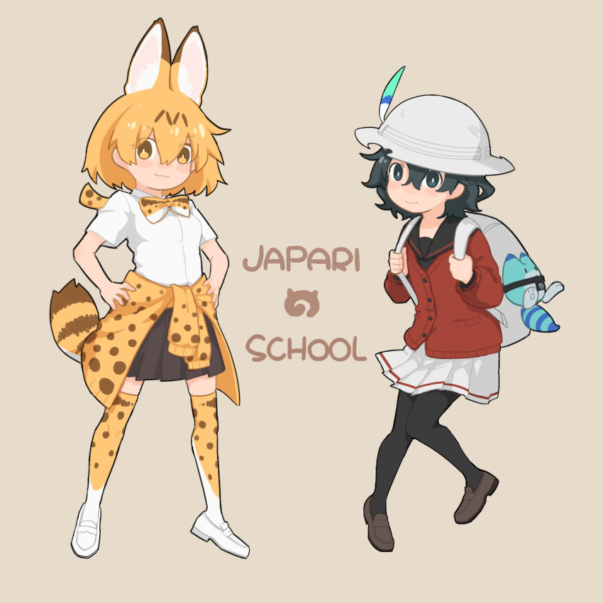 2girls :3 adapted_costume animal_ears backpack bag black_hair blonde_hair blue_eyes blush bow bowtie clothes_around_waist collared_shirt commentary_request eyebrows_visible_through_hair hands_on_hips highres holding_strap kaban_(kemono_friends) kemono_friends loafers long_sleeves lucky_beast_(kemono_friends) multicolored_hair multiple_girls pantyhose pleated_skirt print_legwear print_neckwear sailor_collar school_uniform serval_(kemono_friends) serval_ears serval_print serval_tail shirt shoes short_hair short_sleeves skirt sweater sweater_around_waist tail thigh-highs tuttucom yellow_eyes zettai_ryouiki