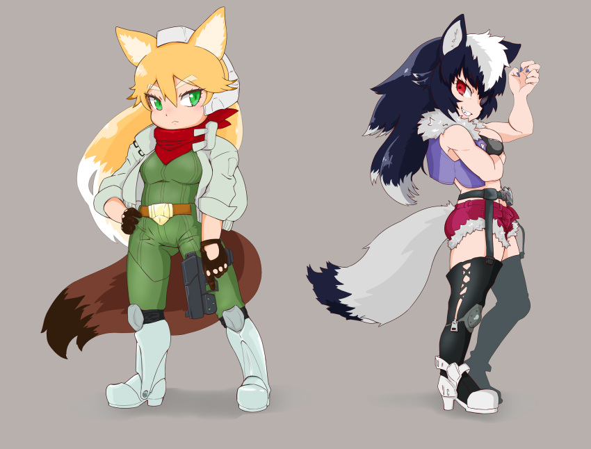 2girls animal_ears arm_under_breasts armored_boots bare_arms bare_shoulders belt black_hair blonde_hair boots bra breasts closed_mouth collared_jacket cosplay eyebrows eyebrows_visible_through_hair ezo_red_fox_(kemono_friends) fang fingernails fox_ears fox_mccloud fox_mccloud_(cosplay) fox_tail full_body fur_collar garter_belt garter_straps gloves graphite_(medium) green_eyes grey_background grey_hair grey_wolf_(kemono_friends) grin gun hair_between_eyes hand_on_hip hand_up handgun headset high_collar high_heels highres holding holding_gun holding_weapon jacket jumpsuit kemono_friends knee_pads long_hair long_sleeves looking_at_viewer multicolored_hair multiple_girls nail_polish nat_(gsx-r1300) nintendo open_clothes open_vest red_eyes scarf sharp_fingernails shoes short_shorts shorts simple_background smile standing star_fox tail thigh-highs traditional_media tsurime two-tone_hair underwear vest weapon white_hair wolf_ears wolf_o'donnell wolf_o'donnell_(cosplay) wolf_tail zipper_pull_tab