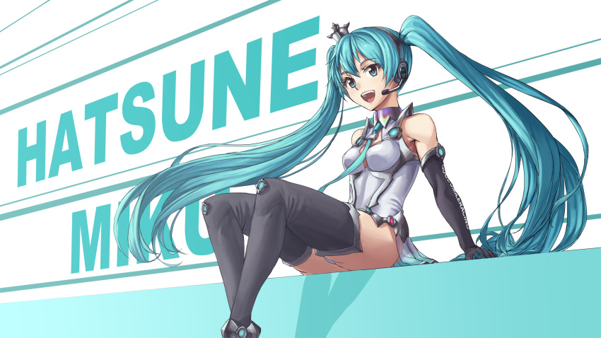 1girl :d athenawyrm black_footwear black_gloves blue_eyes blue_hair blue_neckwear boots breasts character_name cleavage crown elbow_gloves floating_hair gloves grey_hairband hair_between_eyes hairband hatsune_miku headphones headset highres leotard long_hair medium_breasts microphone mini_crown necktie open_mouth racing_miku showgirl_skirt sitting smile solo thigh-highs thigh_boots twintails very_long_hair vocaloid white_leotard