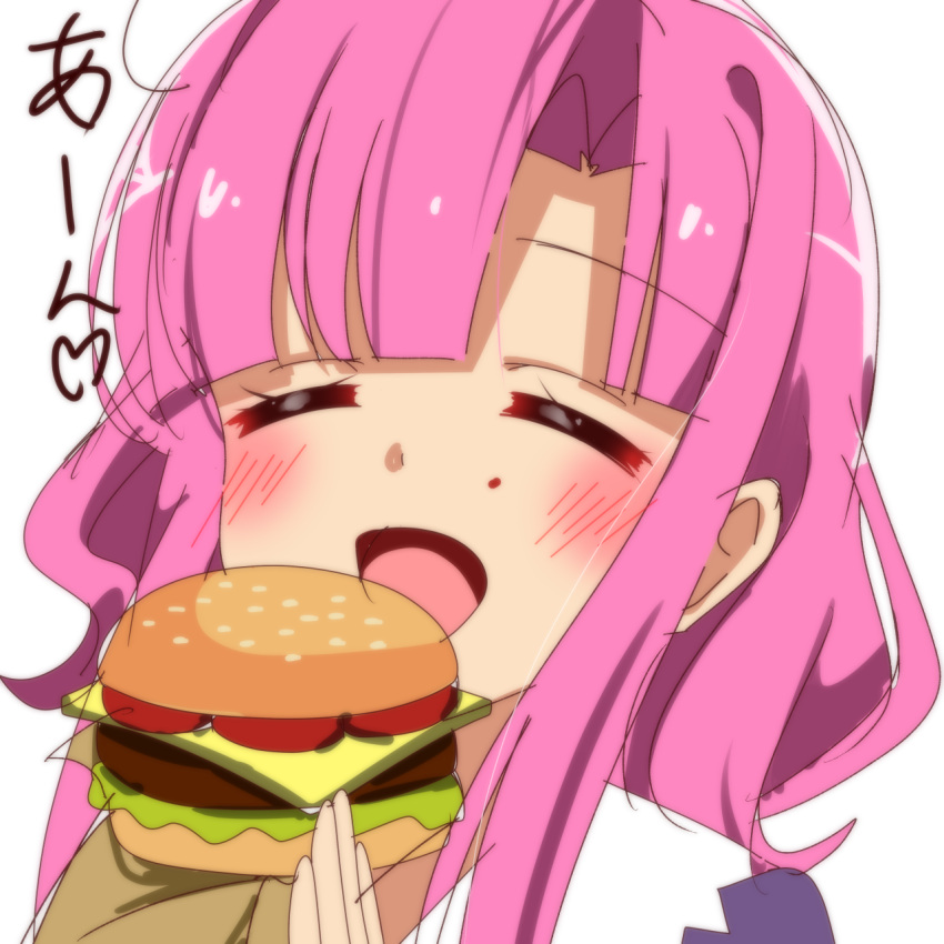 1girl blush cheese closed_eyes eating food gakkou_gurashi! hamburger highres holding holding_food lettuce long_hair long_sleeves open_mouth pink_hair sakura_megumi sinakyo tomato