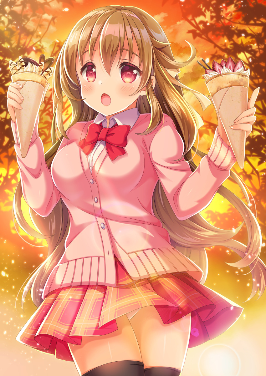 1girl :o arms_up black_legwear blush bow bowtie breasts brown_hair commentary_request contrapposto cowboy_shot crepe food fruit highres holding holding_food lens_flare light_particles long_hair looking_at_viewer medium_breasts moe2019 orange_sky original outdoors panties pantyshot pantyshot_(standing) pink_cardigan pink_eyes plaid plaid_skirt pocky red_neckwear school_uniform shirt shizuki_aya skirt sky solo standing strawberry sunset thigh-highs tree_branch twilight underwear very_long_hair white_panties white_shirt wing_collar