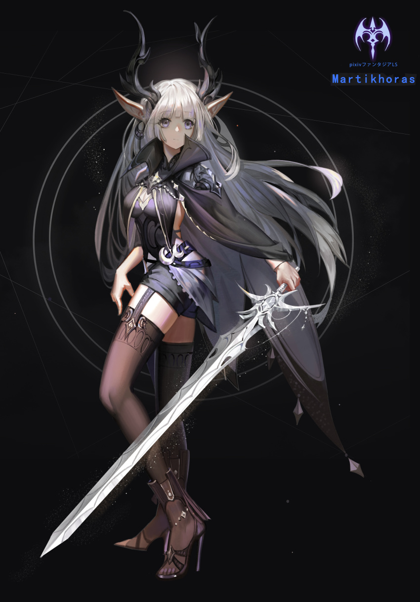 1girl absurdres bangs belt black_background black_cape black_legwear boots breasts cape commentary_request crescent eyebrows_visible_through_hair fantasy full_body garter_straps high_heel_boots high_heels highres holding holding_sword holding_weapon horns jewelry kirbyheimi long_hair looking_at_viewer medium_breasts original pixiv pixiv_fantasia_last_saga pointy_ears silver_hair single_earring solo standing sword thigh-highs violet_eyes weapon