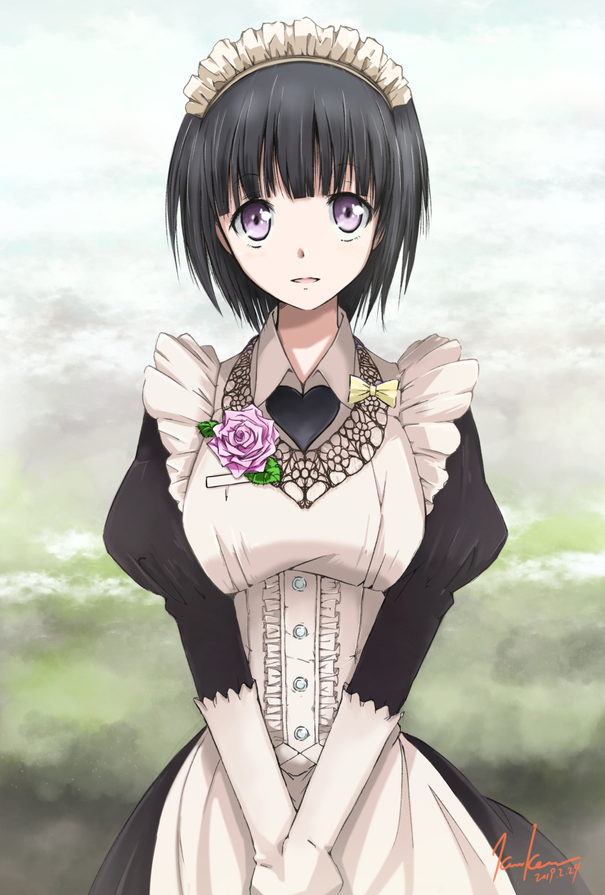 1girl absurdres akiba's_trip apron black_hair flower highres kem_kem looking_at_viewer maid maid_headdress short_hair solo violet_eyes