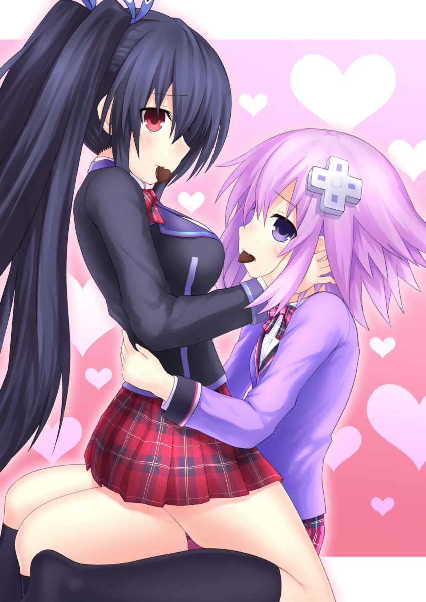 2girls black_hair blazer blush bow breasts candy chocolate chocolate_heart commentary d-pad d-pad_hair_ornament food hair_ornament hand_on_another's_face heart heart_background highres hug jacket large_breasts long_hair looking_at_viewer looking_to_the_side mouth_hold multiple_girls neptune_(neptune_series) neptune_(series) no_shoes noire pink_background purple_hair red_eyes school_uniform short_hair simple_background sitting sitting_on_lap sitting_on_person skirt socks taked thighs twintails very_long_hair violet_eyes yuri