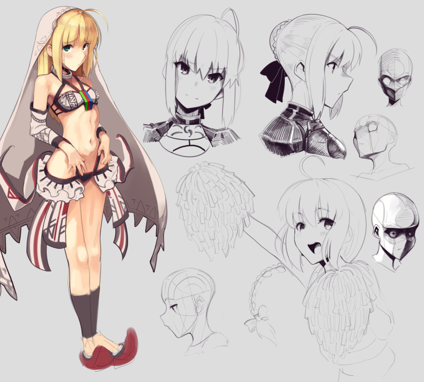 1girl ahoge altera_(fate) artoria_pendragon_(all) bare_shoulders blonde_hair breasts closed_mouth commentary cosplay fate/extella fate/extra fate/extra_ccc fate_(series) green_eyes highres long_hair navel pom_pom_(clothes) revealing_clothes short_hair simple_background small_breasts solo veil