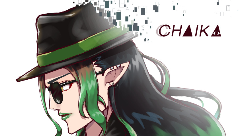 absurdres androgynous black-framed_eyewear black_hair black_hat brown_eyes earrings glasses green_hair green_lipstick guitaro_(yabasaki_taro) hat highres jewelry lipstick long_hair makeup nijisanji pointy_ears profile sidelocks simple_background solo sunglasses virtual_youtuber white_background