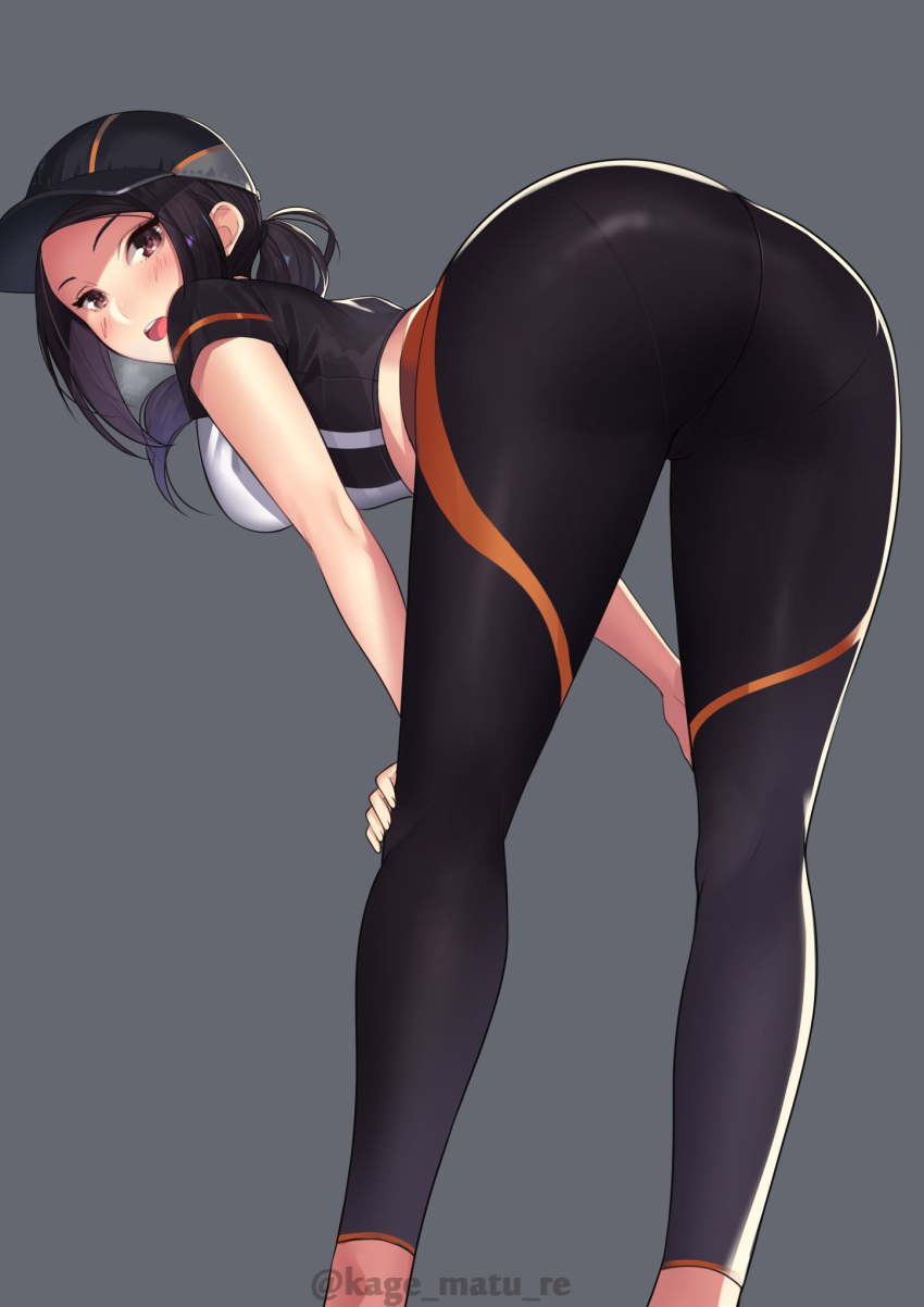 1girl ass baseball_cap bent_over black_hat blush breasts commentary_request copyright_request crotch_seam eyelashes feet_out_of_frame forehead from_behind grey_background hair_strand hat highres kagematsuri kneepits leggings legs long_hair looking_at_viewer looking_back open_mouth pantylines ponytail shiny shiny_clothes short_sleeves simple_background solo standing twitter_username watermark