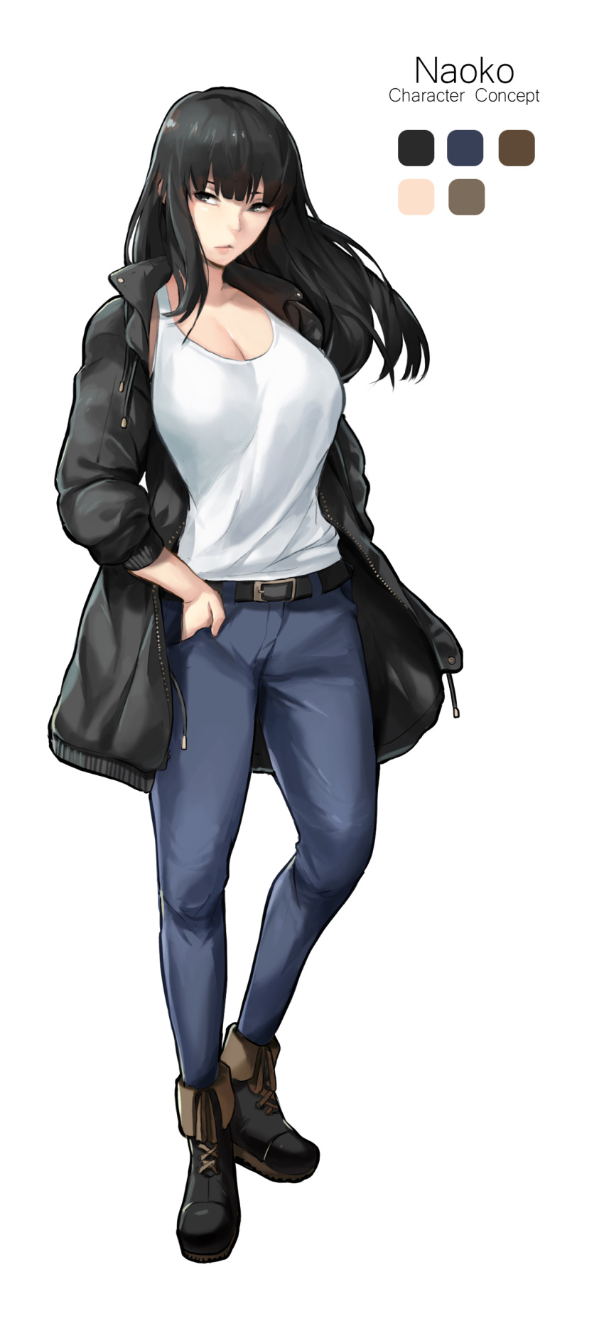 1girl absurdres bangs black_hair black_jacket breasts casual cleavage closed_mouth commentary converse denim english_commentary grey_eyes hand_in_pocket hand_on_own_cheek highres jacket jeans large_breasts long_hair looking_at_viewer naoko_(9113419) original pants shoes sneakers squatting white_tank_top