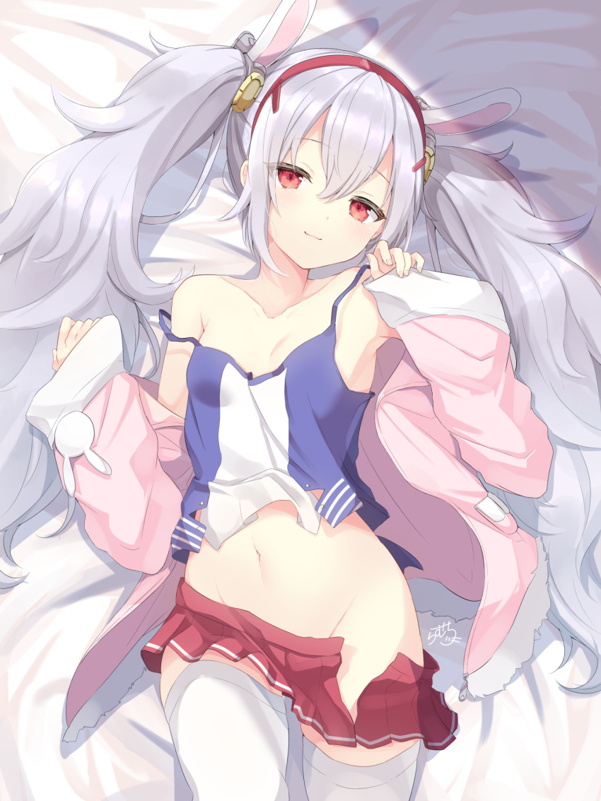 1girl animal_ears azur_lane bare_shoulders bed_sheet breasts closed_mouth commentary_request eyebrows_visible_through_hair eyes_visible_through_hair fake_animal_ears groin hair_between_eyes hairband hands_up highres jacket laffey_(azur_lane) long_hair long_sleeves loose_skirt lying midriff miniskirt navel no_panties on_back pink_jacket rabbit_ears ramchi red_hairband red_skirt shirt silver_hair skirt sleeveless sleeveless_shirt small_breasts solo strap_slip thigh-highs thighs twintails white_legwear wide_sleeves