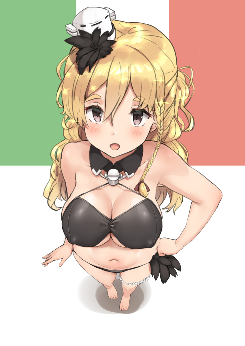 1girl absurdres alternate_costume bangs bikini black_bikini blonde_hair blush braid breasts brown_eyes cleavage collarbone commentary_request covered_nipples eyebrows_visible_through_hair feathers french_braid full_body hair_between_eyes hair_ornament hair_over_shoulder hair_ribbon hand_on_hip hat highres italian_flag kantai_collection large_breasts long_hair looking_at_viewer mini_hat navel open_mouth ribbon side_braid simple_background smile solo soushou_nin standing string_bikini swimsuit tilted_headwear tress_ribbon wavy_hair zara_(kantai_collection)