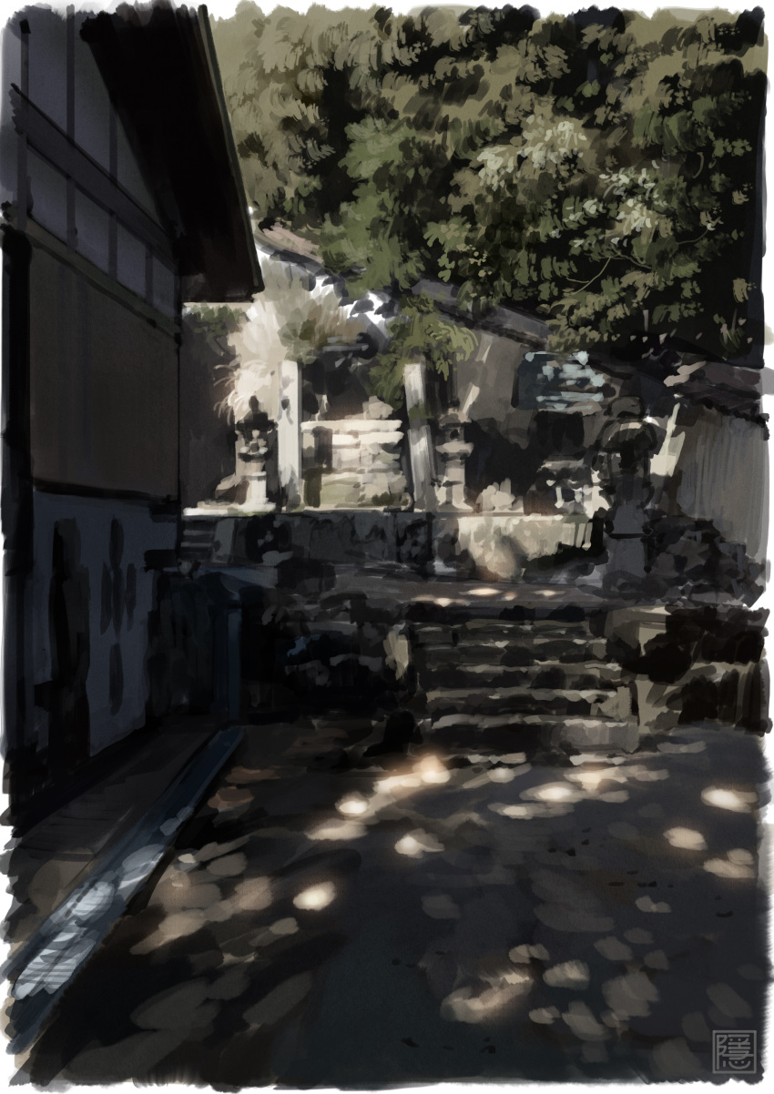 absurdres dappled_sunlight faux_traditional_media highres house no_humans original scenery shrine signauture stairs stone_lantern sunlight tree