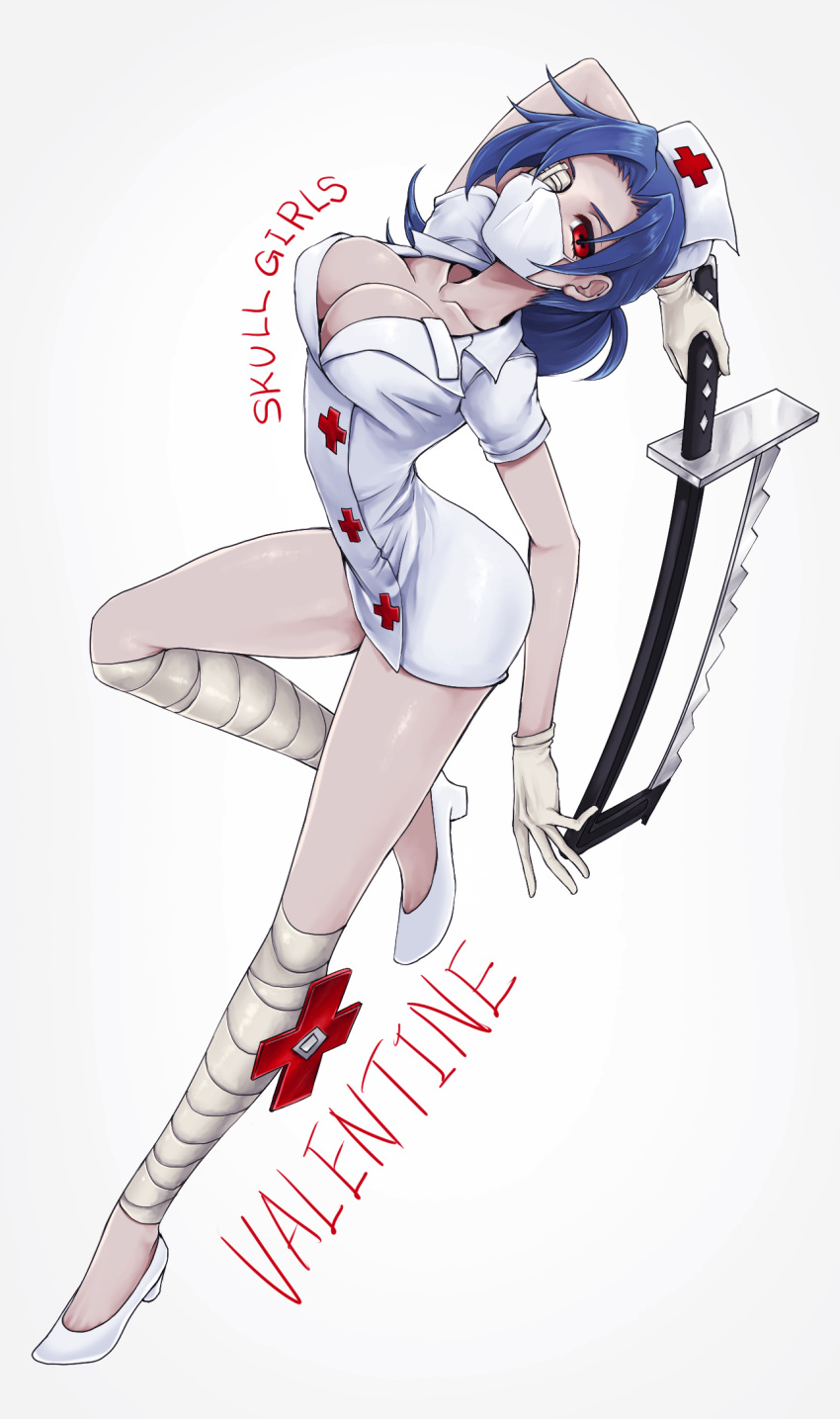 +_+ 1girl arm_up bandage bandaged_leg bandages blue_hair breasts character_name cleavage collarbone dress eyepatch full_body gloves hair_intakes hat high_heels highres holding large_breasts leg_up looking_at_viewer medical_eyepatch minazukio9 nurse nurse_cap ponytail red_cross red_eyes saw shoes short_dress short_hair short_sleeves simple_background skullgirls solo surgical_mask symbol-shaped_pupils valentine_(skullgirls) white_background white_dress white_footwear white_hat