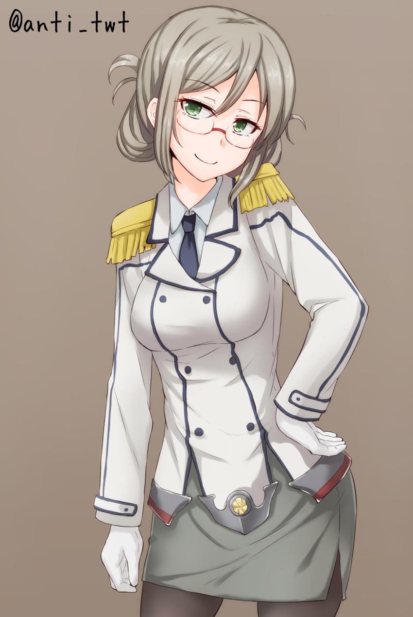 anti_(untea9) blouse double-breasted epaulettes glasses gloves green_eyes grey_blouse hand_on_hip highres kantai_collection katori_(kantai_collection) light_brown_hair military military_uniform necktie pantyhose simple_background skirt smile twitter_username uniform white_gloves