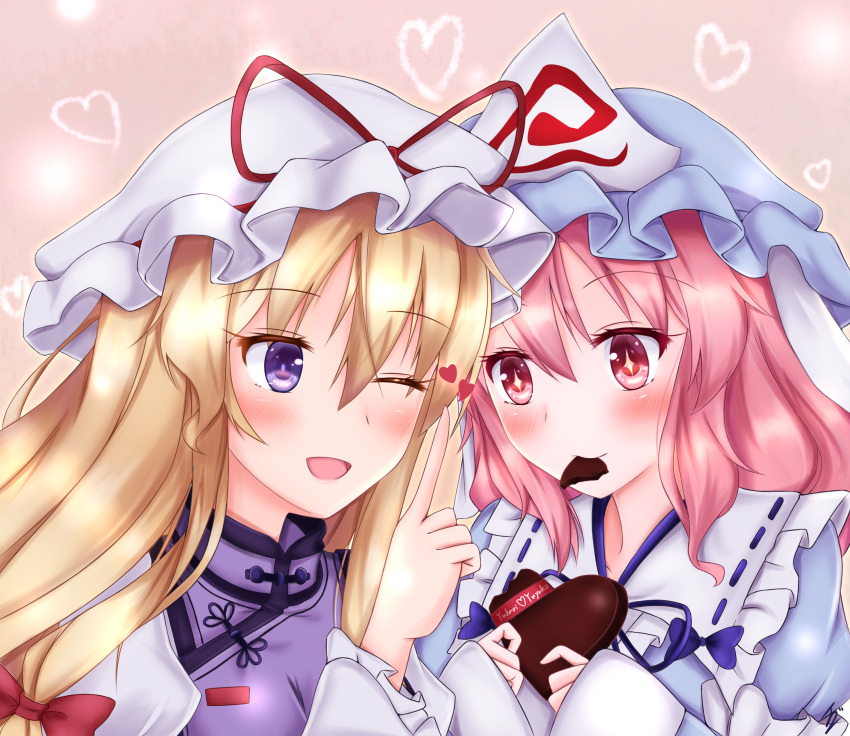 +_+ 2girls absurdres arm_garter blonde_hair blush chocolate chocolate_heart commentary_request dress eating eyebrows_visible_through_hair food_in_mouth hair_between_eyes hat hat_ribbon head_to_head heart heart_background highres holding_chocolate ibuibuyou index_finger_raised japanese_clothes kimono long_hair looking_at_another medium_hair mob_cap multiple_girls one_eye_closed open_mouth pink_background pink_eyes pink_hair ribbon saigyouji_yuyuko tabard touhou triangular_headpiece upper_body very_long_hair violet_eyes white_dress yakumo_yukari yuri