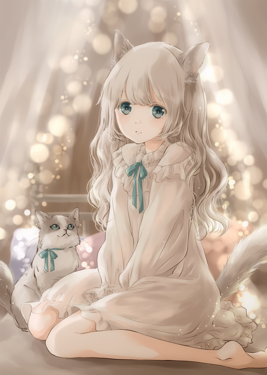 1girl animal_ear_fluff animal_ears bangs bare_legs barefoot between_legs blue_eyes blue_ribbon blurry bokeh cat cat_day cat_ears cat_girl cat_tail commentary curtains depth_of_field hand_between_legs highres hoshiibara_mato indoors light_brown_hair light_particles long_hair looking_at_viewer nightgown on_bed original parted_lips pillow ribbon sitting solo tail wariza