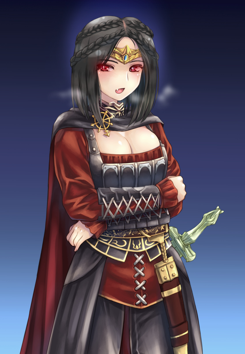 1girl absurdres black_hair black_pants blouse blue_background bracer braid breastplate breasts breath cape cleavage commentary_request cowboy_shot crossed_arms crown crown_braid fang glowing glowing_eyes highres looking_at_viewer medium_breasts medium_hair nyaou_(round_facer) open_mouth pants pin red_blouse red_eyes scabbard serana sheath sheathed simple_background sleeves_past_wrists slit_pupils solo standing sword the_elder_scrolls the_elder_scrolls_v:_skyrim vampire weapon