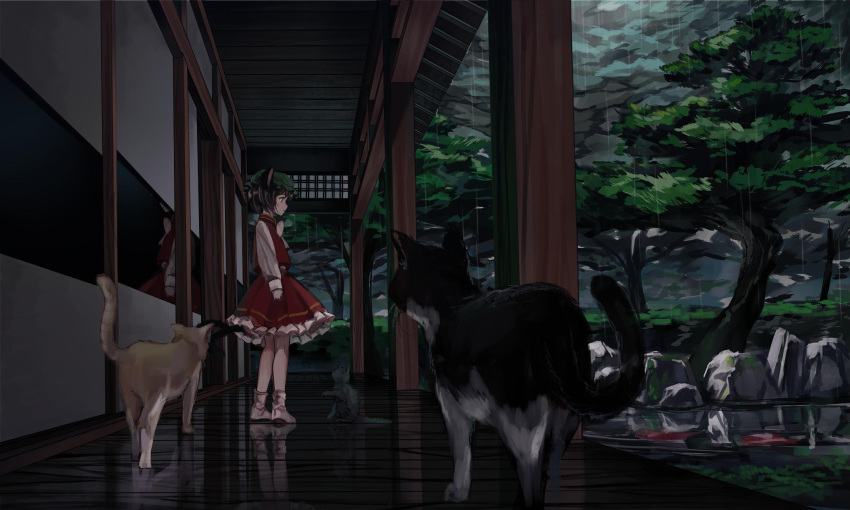 1girl animal_ears brown_hair cat cat_ears cat_tail chen chinese_clothes commentary_request frilled_skirt frills green_hat hat highres long_sleeves mob_cap multiple_tails nekomata rain red_skirt red_vest sero3eta shirt short_hair skirt socks standing tail touhou two_tails vest white_legwear white_shirt