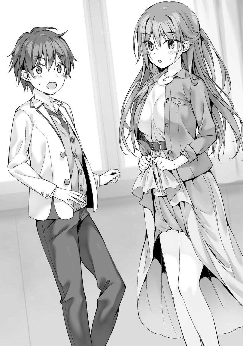 1boy 1girl belt blazer blush boku_no_kanojo_sensei breasts cardigan floating_hair fujiki_maka greyscale hair_between_eyes highres indoors jacket large_breasts lifted_by_self long_hair long_skirt long_sleeves monochrome necktie novel_illustration official_art open_blazer open_clothes open_jacket open_mouth oryou pants school_uniform skirt skirt_lift sweatdrop very_long_hair