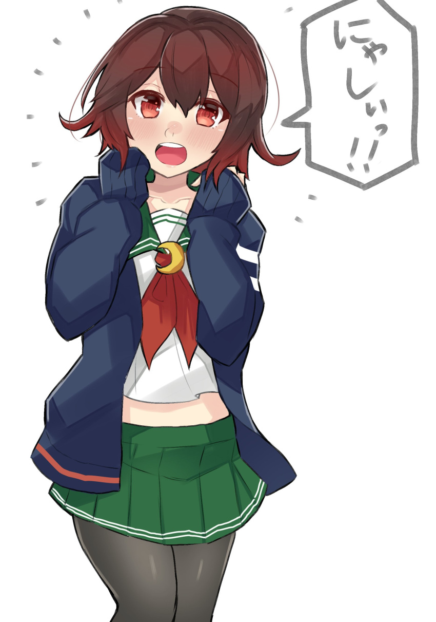 1girl absurdres black_legwear brown_hair commentary_request cowboy_shot crescent crescent_moon_pin dokuganryuu gradient_hair green_sailor_collar green_skirt highres jacket kantai_collection looking_at_viewer multicolored_hair mutsuki_(kantai_collection) neckerchief open_mouth pantyhose pleated_skirt red_eyes red_neckwear redhead remodel_(kantai_collection) round_teeth sailor_collar school_uniform serafuku short_hair simple_background skirt sleeves_past_fingers sleeves_past_wrists solo teeth upper_teeth white_background