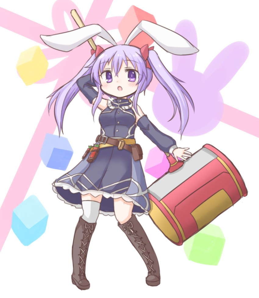 1girl :o alternate_costume animal_ears arm_behind_head bare_shoulders belt belt_pouch blush boots commentary cross-laced_footwear detached_sleeves dress erina_(rabi-ribi) eyebrows_visible_through_hair frilled_shirt_collar frills frr_(akf-hs) full_body hair_ribbon highres knee_boots long_hair looking_at_viewer mallet open_mouth pouch purple_hair rabbit_ears rabi-ribi ribbon simple_background single_thighhigh solo thigh-highs twintails violet_eyes white_legwear