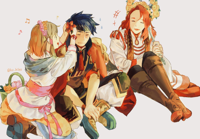 1boy 2girls basket bead_necklace beads blue_hair boots brother_and_sister brown_hair cape closed_eyes closed_mouth fire_emblem fire_emblem:_souen_no_kiseki fire_emblem_heroes flower from_side grey_background hair_flower hair_ornament head_wreath high_heel_boots high_heels ho_kiho holding holding_staff ike jewelry legs_crossed long_hair long_sleeves mist_(fire_emblem) multiple_girls musical_note necklace nintendo open_mouth pink_ribbon redhead ribbon short_hair short_sleeves siblings simple_background sitting staff tiamat_(fire_emblem) twitter_username