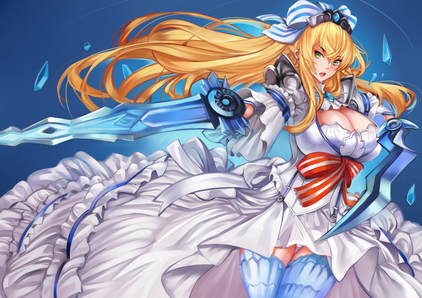 1girl absurdres blonde_hair blue_legwear blue_ribbon breasts cendrillion_(wonderland_wars) cleavage commentary_request dress dual_wielding green_eyes hair_ribbon highres holding huge_breasts long_hair looking_at_viewer open_mouth ribbon solo striped striped_ribbon sword tahnya thigh-highs weapon white_dress white_ribbon wonderland_wars