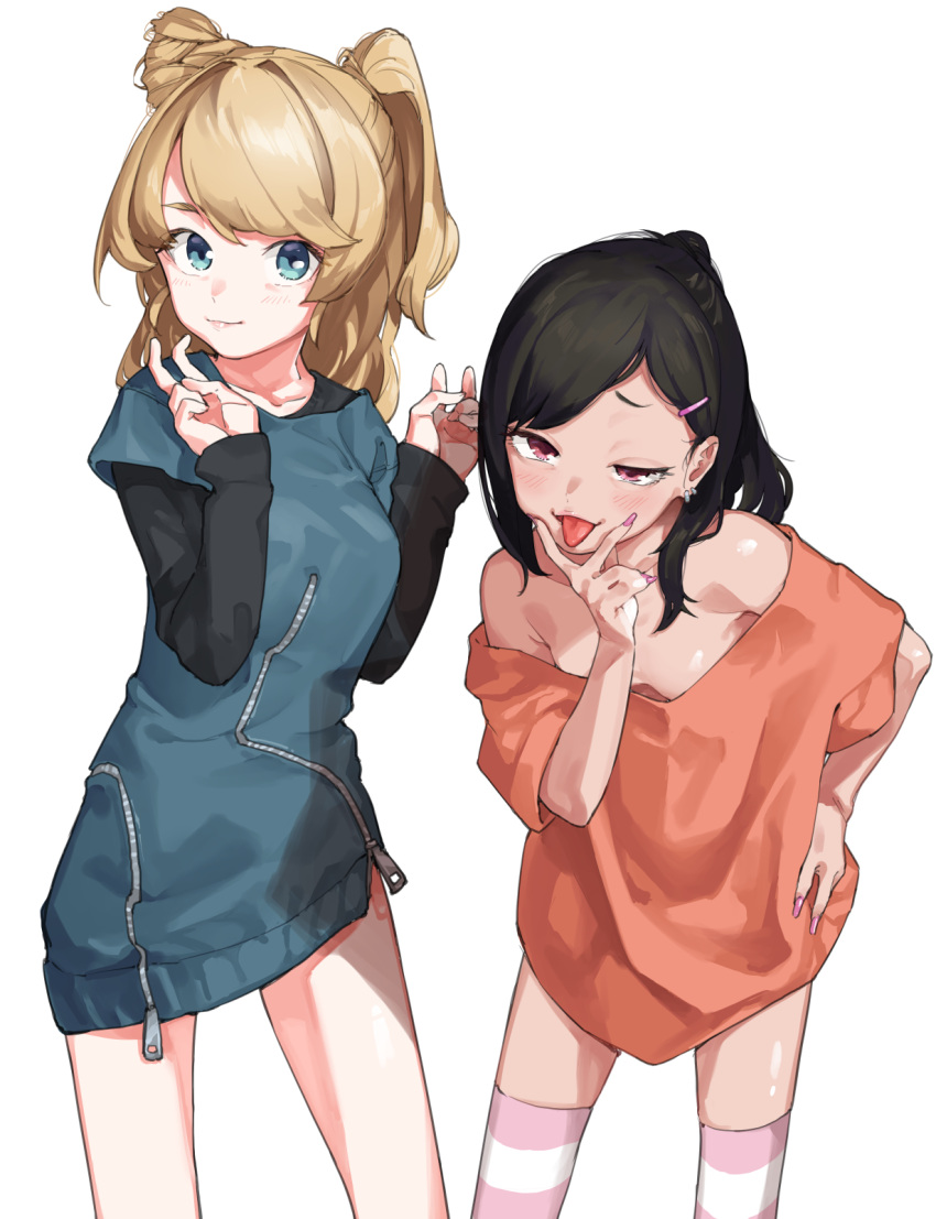 2girls bangs black_hair black_sweater blonde_hair blue_eyes breasts closed_mouth contrapposto copyright_request downblouse fingernails hair_ornament hairclip half-closed_eye hand_up highres leaning_forward long_fingernails looking_at_viewer muchi_maro multiple_girls nail_polish naked_shirt no_bra off_shoulder pink_legwear pink_nails red_eyes shirt simple_background small_breasts smile striped striped_legwear sweater thigh-highs tongue tongue_out two_side_up v white_background