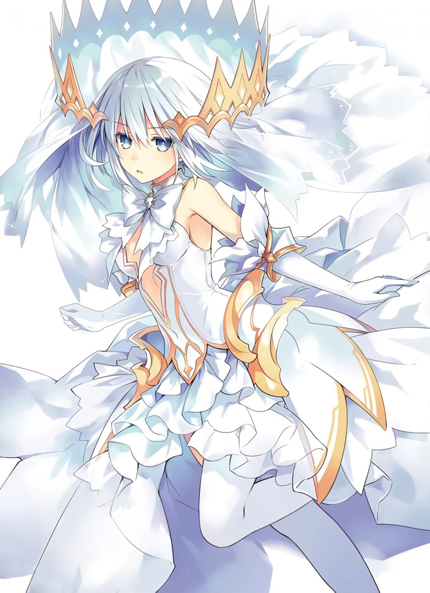 1girl blue_eyes bow crown date_a_live dress elbow_gloves full_body gloves highres jewelry no_bra outstretched_arms parted_lips ring silver_hair sleeveless sleeveless_dress solo spoilers thigh-highs tobiichi_origami tsunako veil white_background white_gloves white_legwear