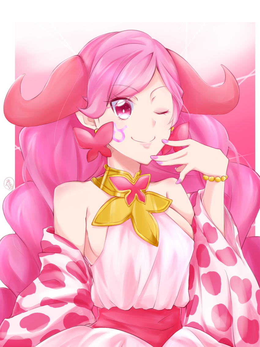 1girl animal_print breasts commentary_request cow_print earrings highres horns jewelry long_skirt nail_polish pink_hair precure princess_taurus_(precure) sash skirt sleeveless solo star star-shaped_pupils star_twinkle_precure symbol-shaped_pupils yu062424