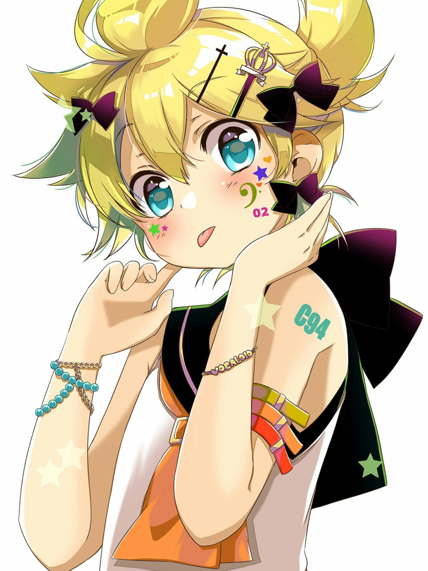 1boy armband ascot bangs bare_arms bare_shoulders bass_clef black_bow blonde_hair blue_eyes blush bow bracelet collared_shirt commentary cross_hair_ornament crown_hair_ornament facial_tattoo finger_to_cheek from_below hair_bow hair_ornament hairclip hands_up heart hekicha highres jewelry kagamine_len looking_at_viewer male_focus no_detached_sleeves orange_neckwear ponytail shirt short_hair shoulder_tattoo solo star tattoo tehepero tongue tongue_out upper_body vocaloid white_background