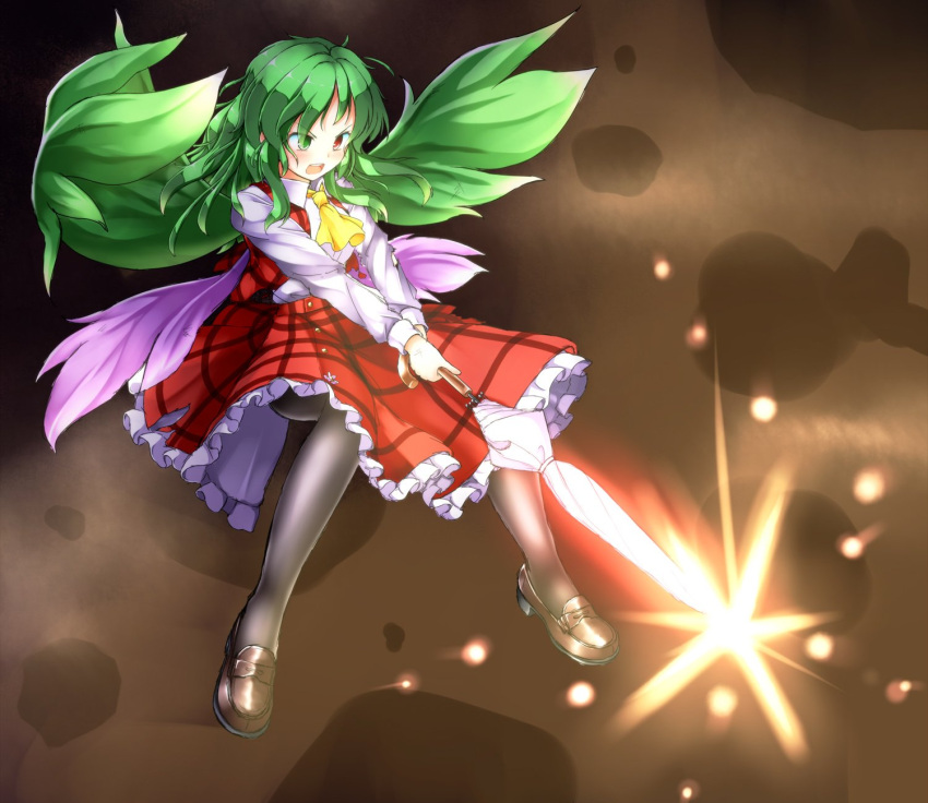 1girl aka_tawashi ascot black_legwear blush breasts brown_background brown_footwear commentary_request energy eyebrows_visible_through_hair full_body green_eyes green_hair green_wings heterochromia highres holding holding_umbrella kazami_yuuka kazami_yuuka_(pc-98) loafers long_hair long_sleeves medium_breasts open_mouth pantyhose petticoat pink_wings plaid plaid_skirt plaid_vest red_eyes red_skirt red_vest shirt shoes skirt skirt_set solo touhou touhou_(pc-98) umbrella v-shaped_eyebrows vest white_shirt wing_collar wings yellow_neckwear