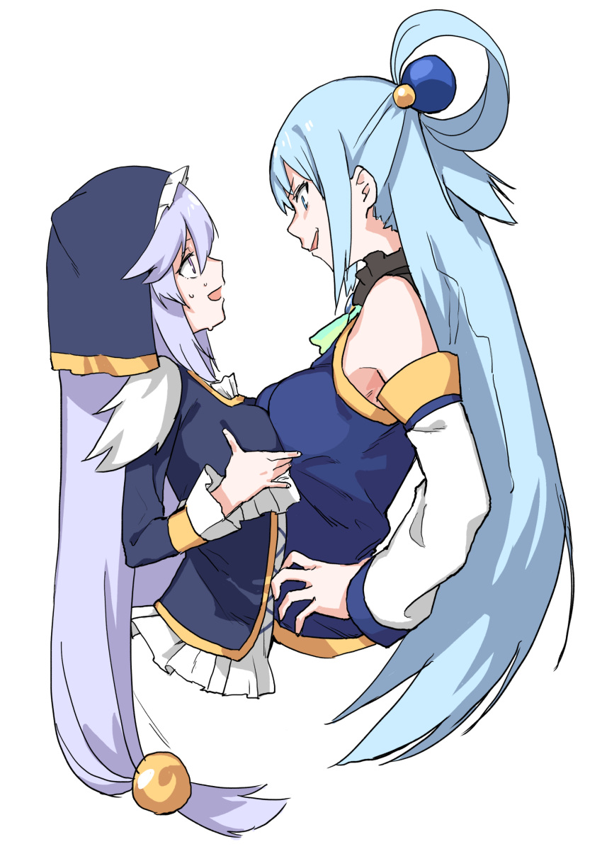 2girls aqua_(konosuba) asymmetrical_docking bare_shoulders blue_eyes blue_hair breast_envy breast_grab breast_press breasts cropped_torso detached_sleeves eris_(konosuba) from_side grabbing hair_ornament half-closed_eyes highres kono_subarashii_sekai_ni_shukufuku_wo! long_hair long_sleeves looking_at_another medium_breasts muchi_maro multiple_girls rivalry silver_hair skirt sleeveless small_breasts smile smirk sweatdrop very_long_hair