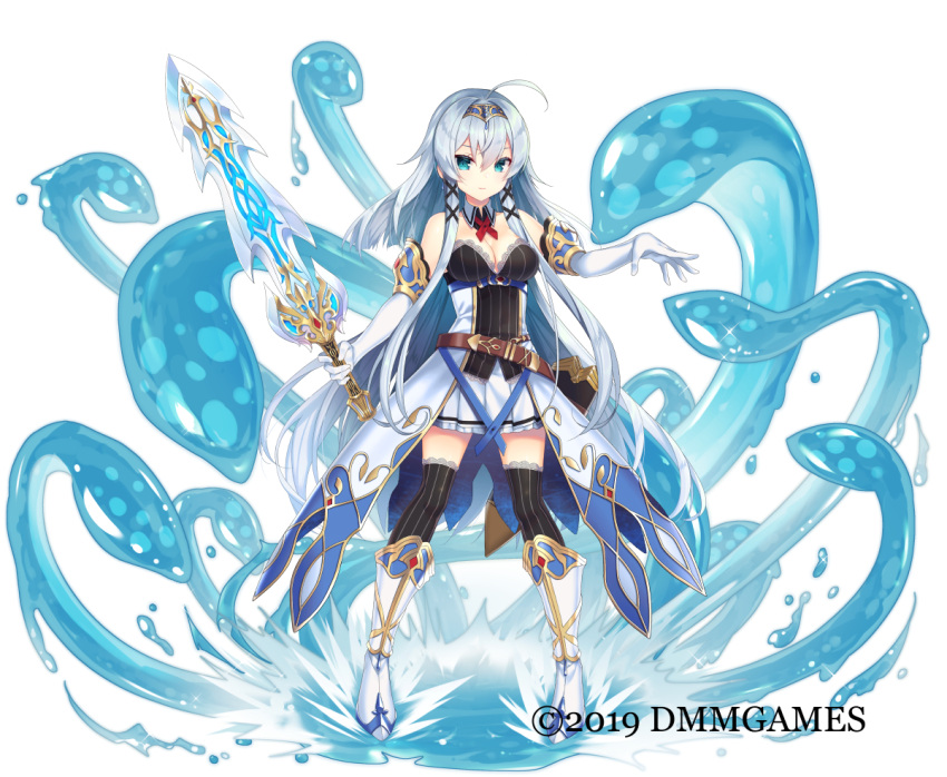 1girl 2019 ahoge aqua_eyes bare_shoulders belt black_legwear black_shirt boots breasts cleavage closed_mouth commentary_request detached_collar elbow_gloves full_body gemini_seed gloves hair_between_eyes hair_intakes hair_ornament headdress holding holding_sword holding_weapon knee_boots lace_trim legs_apart long_hair looking_at_viewer medium_breasts miniskirt official_art pleated_skirt sheath shirt sidelocks silver_hair skirt sleeveless solo standing strapless striped striped_legwear sword tahya tentacle thigh-highs unsheathed very_long_hair waist_cape water watermark weapon white_background white_footwear white_gloves white_skirt x_hair_ornament zettai_ryouiki