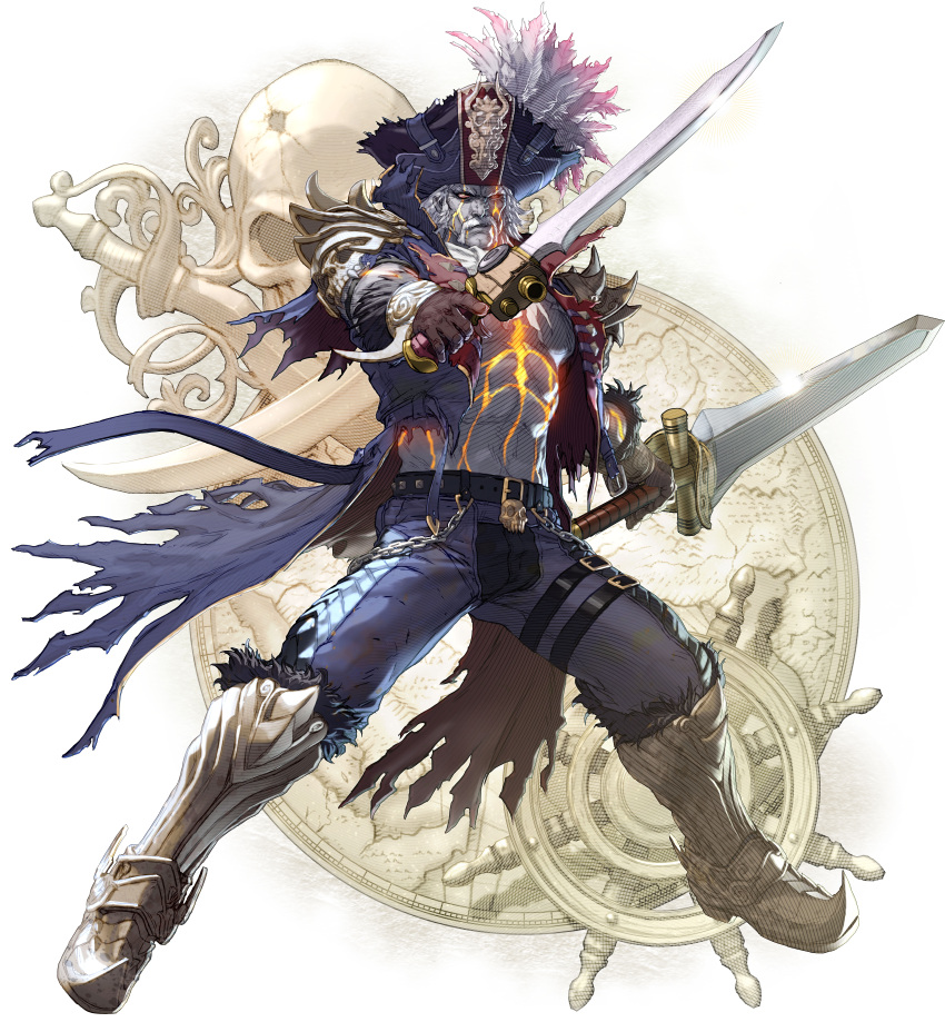 1boy absurdres armor belt cervantes_de_leon chains facial_hair grey_skin hat highres holding holding_sword holding_weapon kawano_takuji legs_apart looking_at_viewer male_focus mustache official_art shirt simple_background skull soulcalibur_vi sword torn_clothes weapon white_background