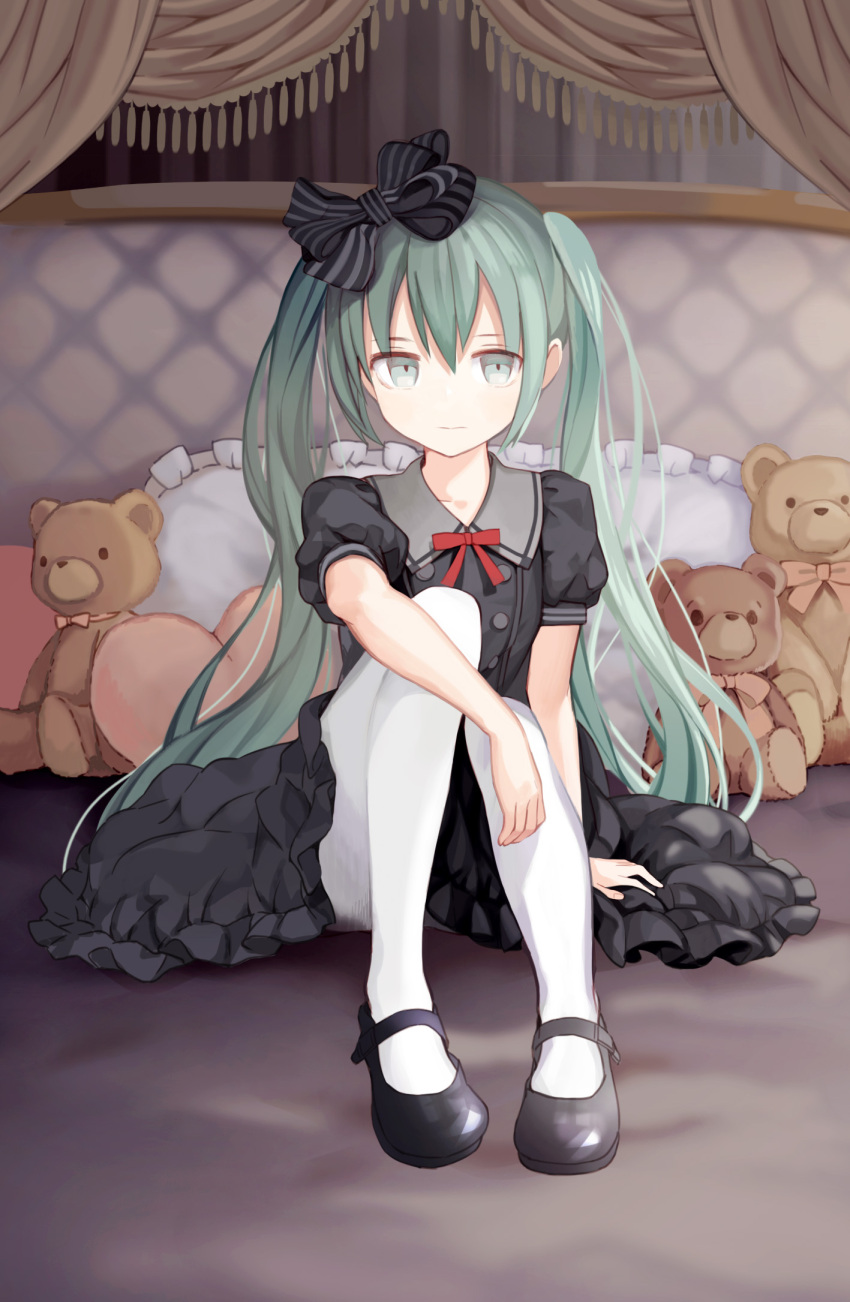 1girl aqua_eyes aqua_hair bed black_dress black_ribbon collarbone collared_dress commentary curtains dress expressionless frilled_dress frills full_body gothic_lolita hair_ribbon hatsune_miku highres kari_kenji knees_up lolita_fashion long_hair looking_at_viewer mary_janes neck_ribbon pantyhose pillow red_ribbon ribbon shoes sitting solo stuffed_animal stuffed_toy teddy_bear twintails very_long_hair vocaloid white_legwear