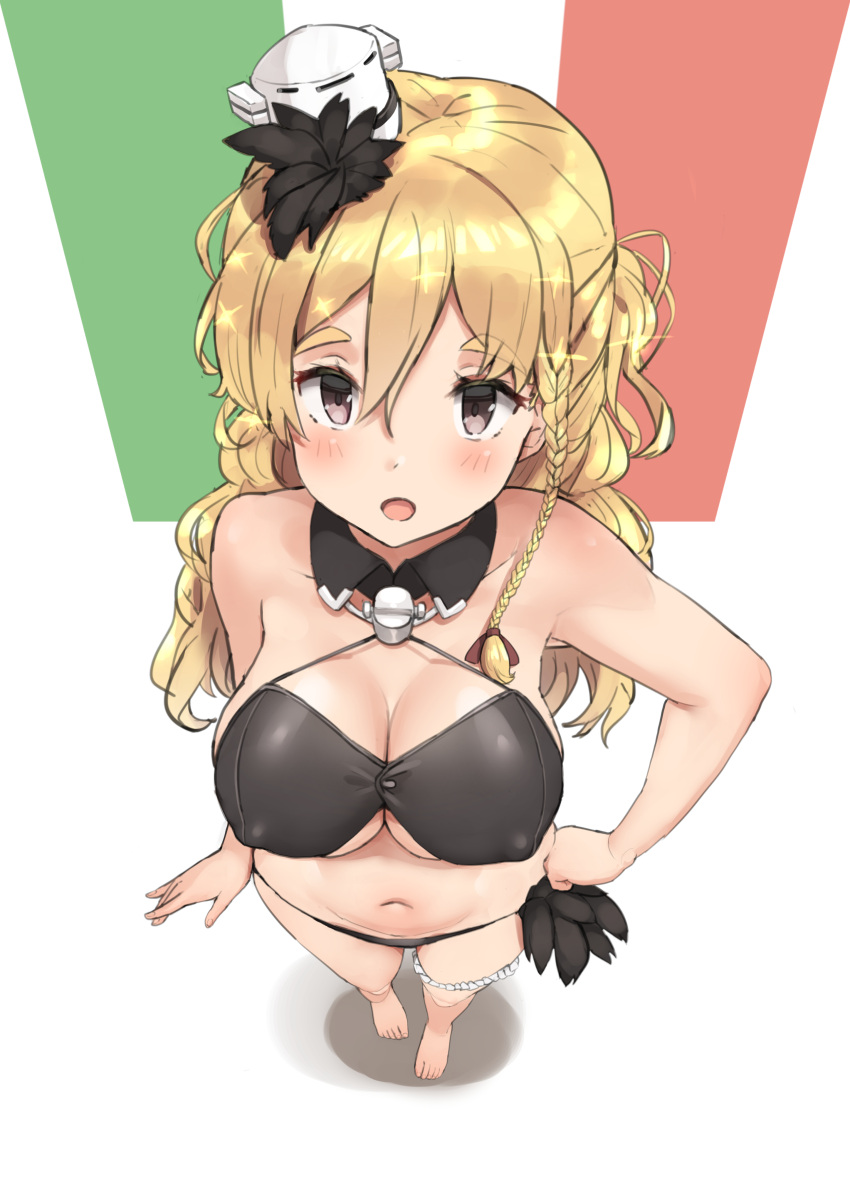 1girl absurdres alternate_costume bangs bikini black_bikini blonde_hair blush braid breasts brown_eyes cleavage collarbone commentary_request covered_nipples eyebrows_visible_through_hair feathers french_braid full_body hair_between_eyes hair_ornament hair_over_shoulder hair_ribbon hand_on_hip hat highres italian_flag kantai_collection large_breasts long_hair looking_at_viewer mini_hat navel open_mouth revision ribbon side_braid simple_background smile solo soushou_nin standing string_bikini swimsuit tilted_headwear tress_ribbon wavy_hair zara_(kantai_collection)
