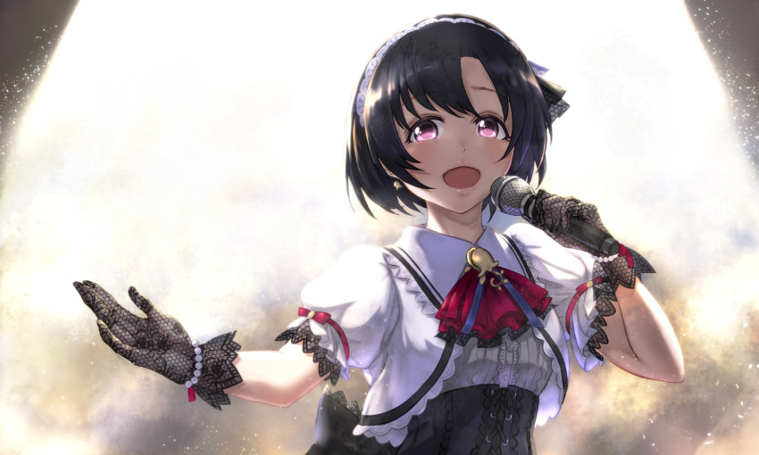 1girl bangs black_bow black_gloves black_hair bow corset eyebrows_visible_through_hair gloves headband holding idolmaster idolmaster_cinderella_girls idolmaster_cinderella_girls_starlight_stage kaoru348 lace lace_gloves looking_at_viewer microphone open_mouth puffy_short_sleeves puffy_sleeves shiragiku_hotaru short_hair short_sleeves solo upper_body violet_eyes