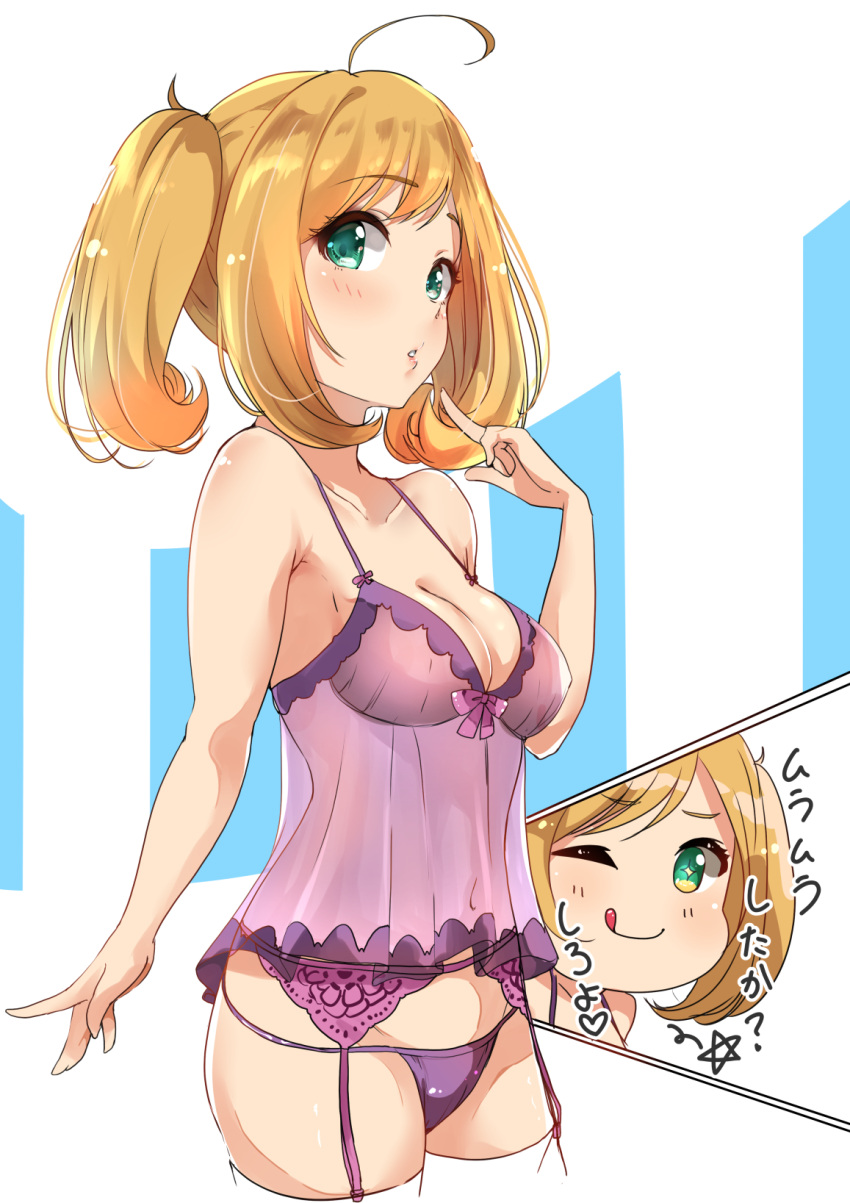 1girl ;q ahoge bangs bare_shoulders blonde_hair bow breasts chemise cleavage collarbone eyebrows_visible_through_hair garter_belt garter_straps green_eyes hand_up highres idolmaster idolmaster_cinderella_girls large_breasts lips long_hair looking_at_viewer murabito_c navel one_eye_closed panties parted_bangs purple_bow purple_panties satou_shin see-through sketch smile solo thigh-highs tongue tongue_out translation_request transparent_background twintails underwear underwear_only